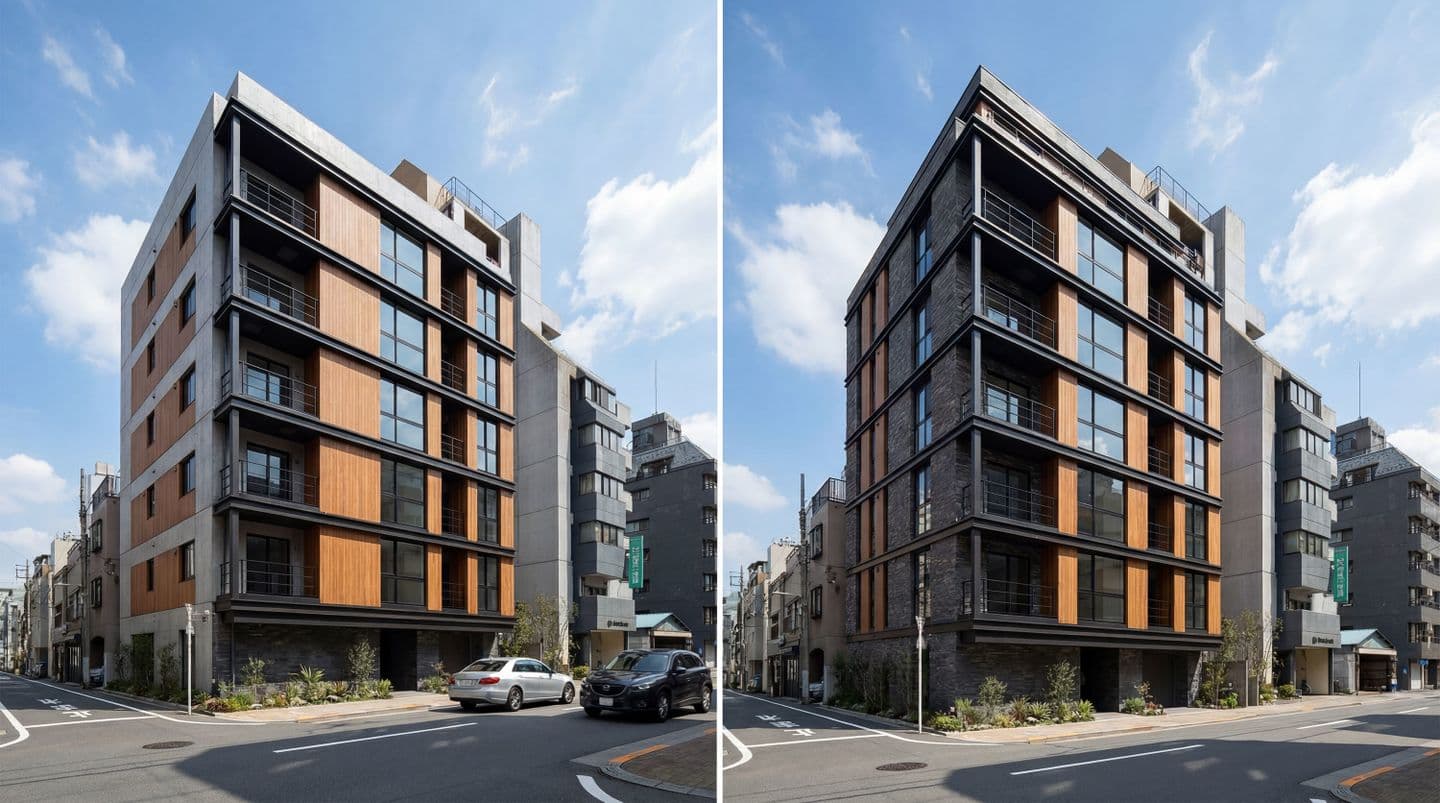 都市型マンションの建築パース2案比較。左はコンクリートと木目のナチュラルな外観、右はダークグレーのタイルを使用した高級感ある外観のデザイン検討用CG