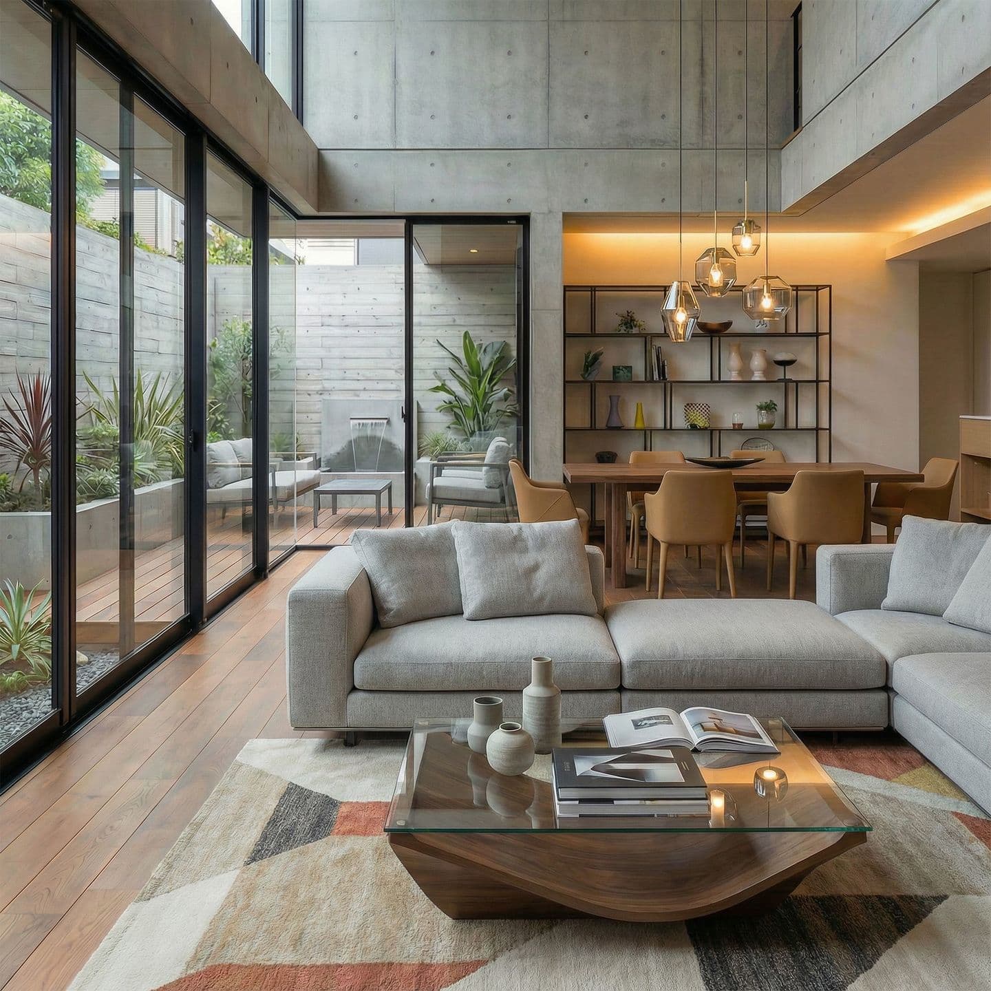 高い吹き抜けのあるモダンなリビングダイニング。打ち放しコンクリートの壁、大開口の窓から見えるウッドデッキのテラス、木製のダイニングテーブル、グレーのL字ソファ、そして幾何学模様のラグが調和した内装デザイン。