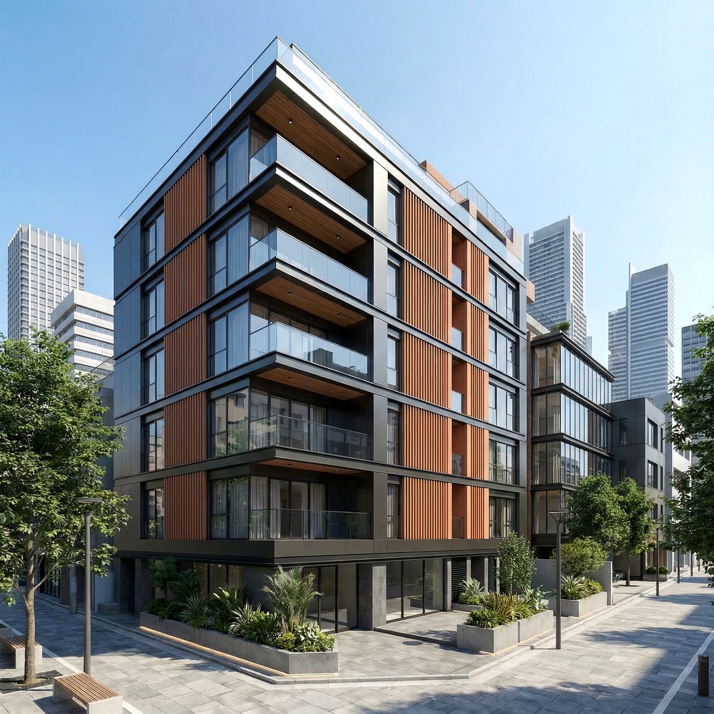 黒のフレームと木目調ルーバーが特徴的な、モダンな6階建てマンションの外観パース。ガラス手摺のバルコニーと1階の植栽、周辺のビル群が含まれる。