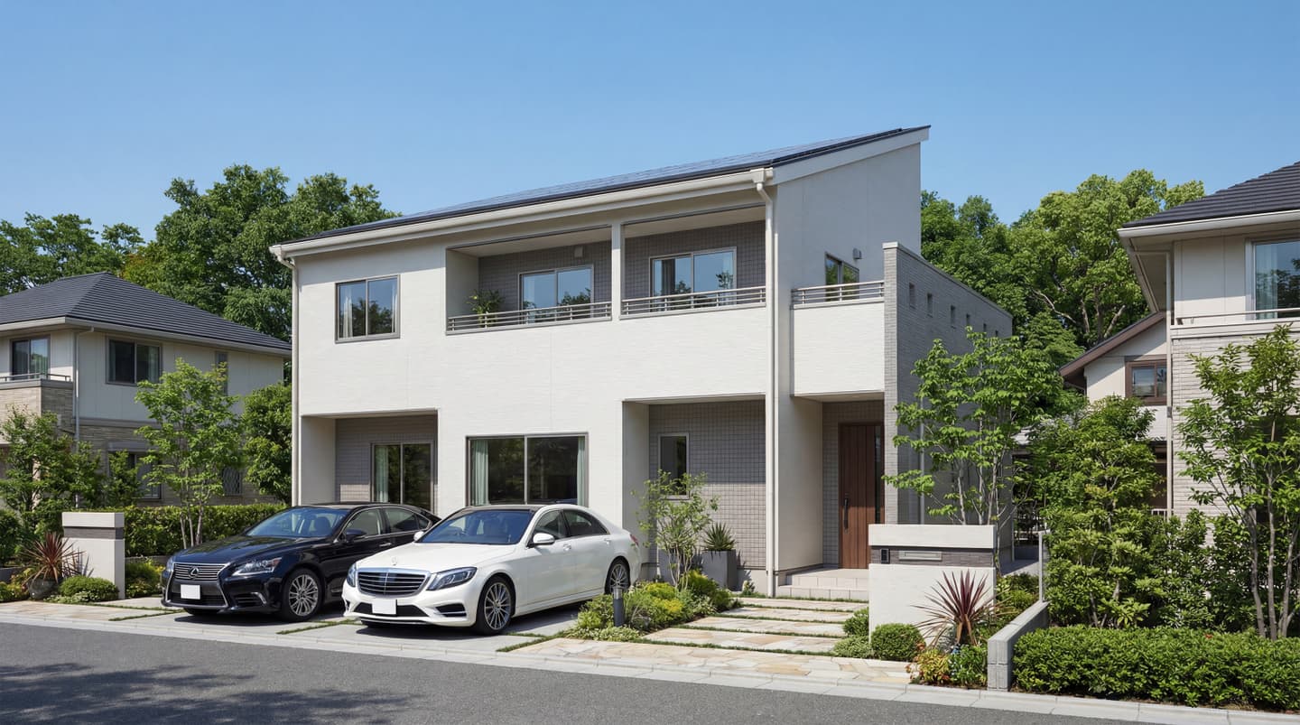 生成AIによる住宅建築パース作成事例：片流れ屋根が特徴的なシンプルモダンの2階建て注文住宅の外観パース。白を基調とした外壁に駐車場2台分のスペースと植栽を配置