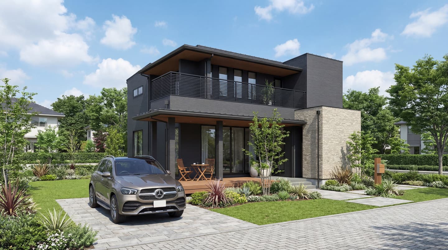 生成AIによる住宅建築パース作成事例：重厚感のある黒い外壁のモダンな2階建て注文住宅 広々としたバルコニーとウッドデッキのある外観