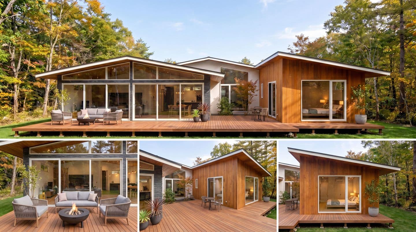 紅葉した森の中に建つ、大きなガラス窓と広いウッドデッキが特徴的なモダンな平屋住宅の外観パース。デッキにはグレーのソファセットとファイアピットが置かれている。3DCADと生成AIのハイブリッドで制作。