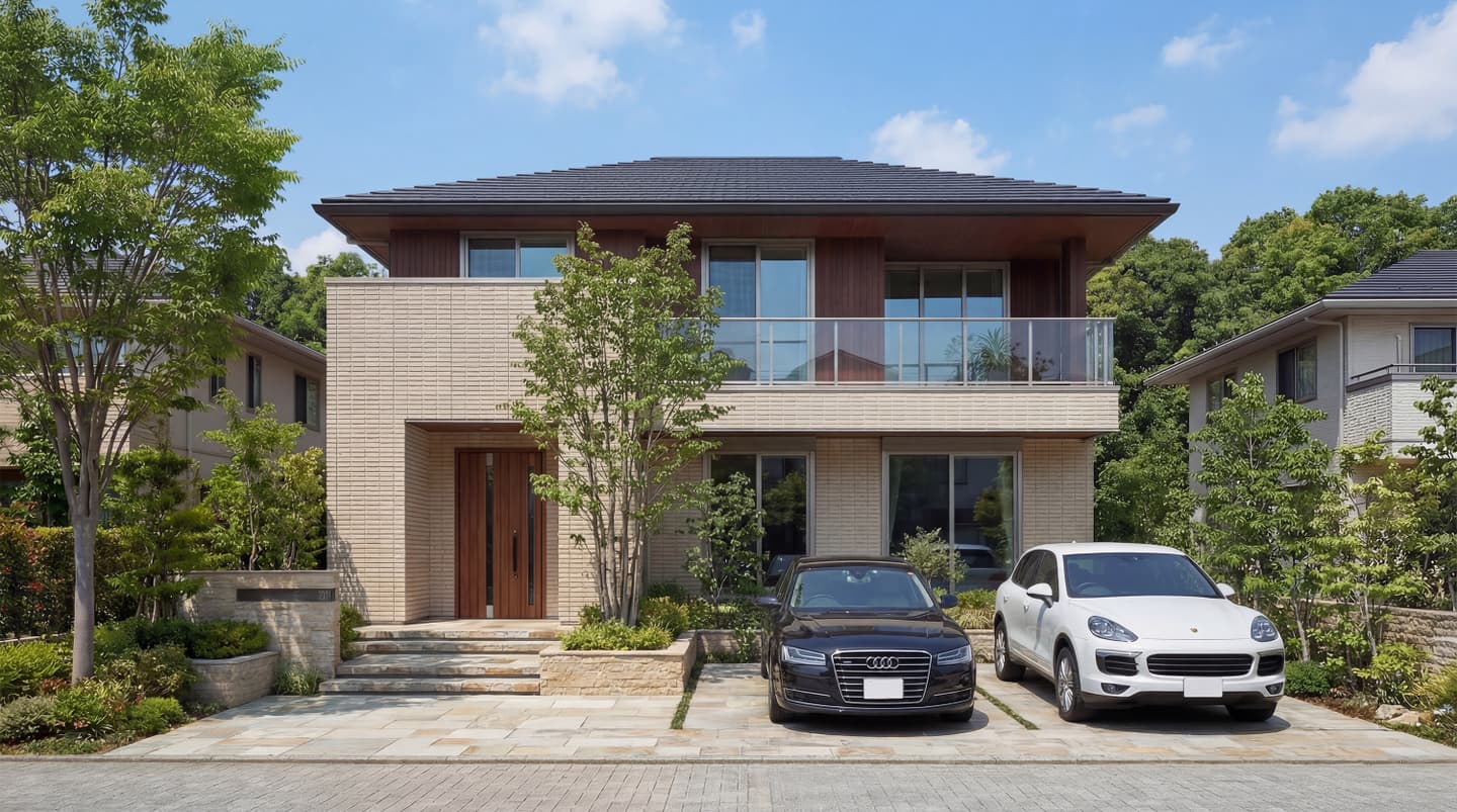 生成AIによる住宅建築パース作成事例：重厚感のあるベージュの総タイル張りと木目調の軒天が美しい、モダンな2階建て注文住宅の外観パース