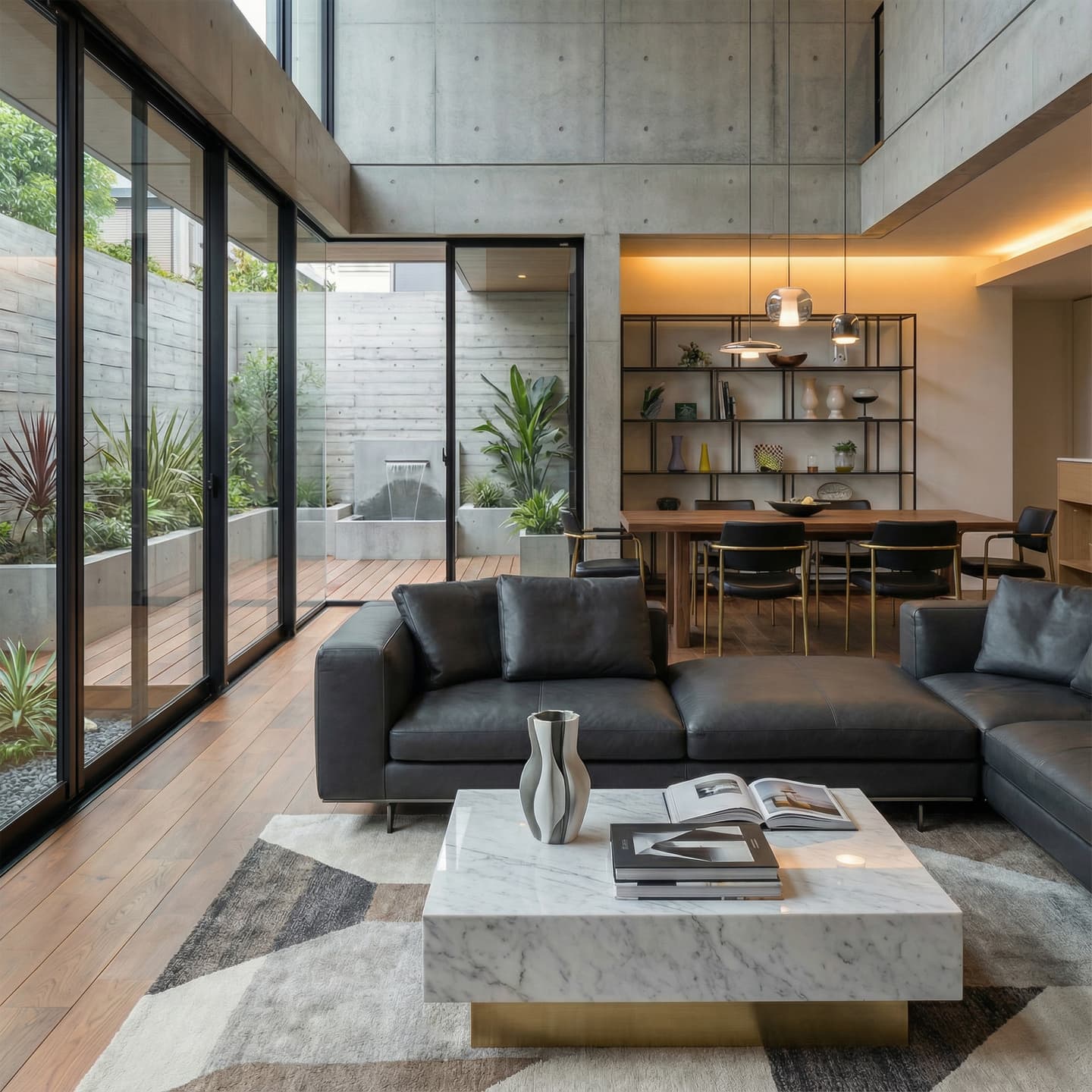 吹き抜けのあるコンクリート打ち放しのモダンなリビングダイニング。大きなガラス窓越しに、ウッドデッキと水盤のある中庭が見える。室内には黒いレザーソファ、大理石のテーブル、木製のダイニングセットが配置されている。