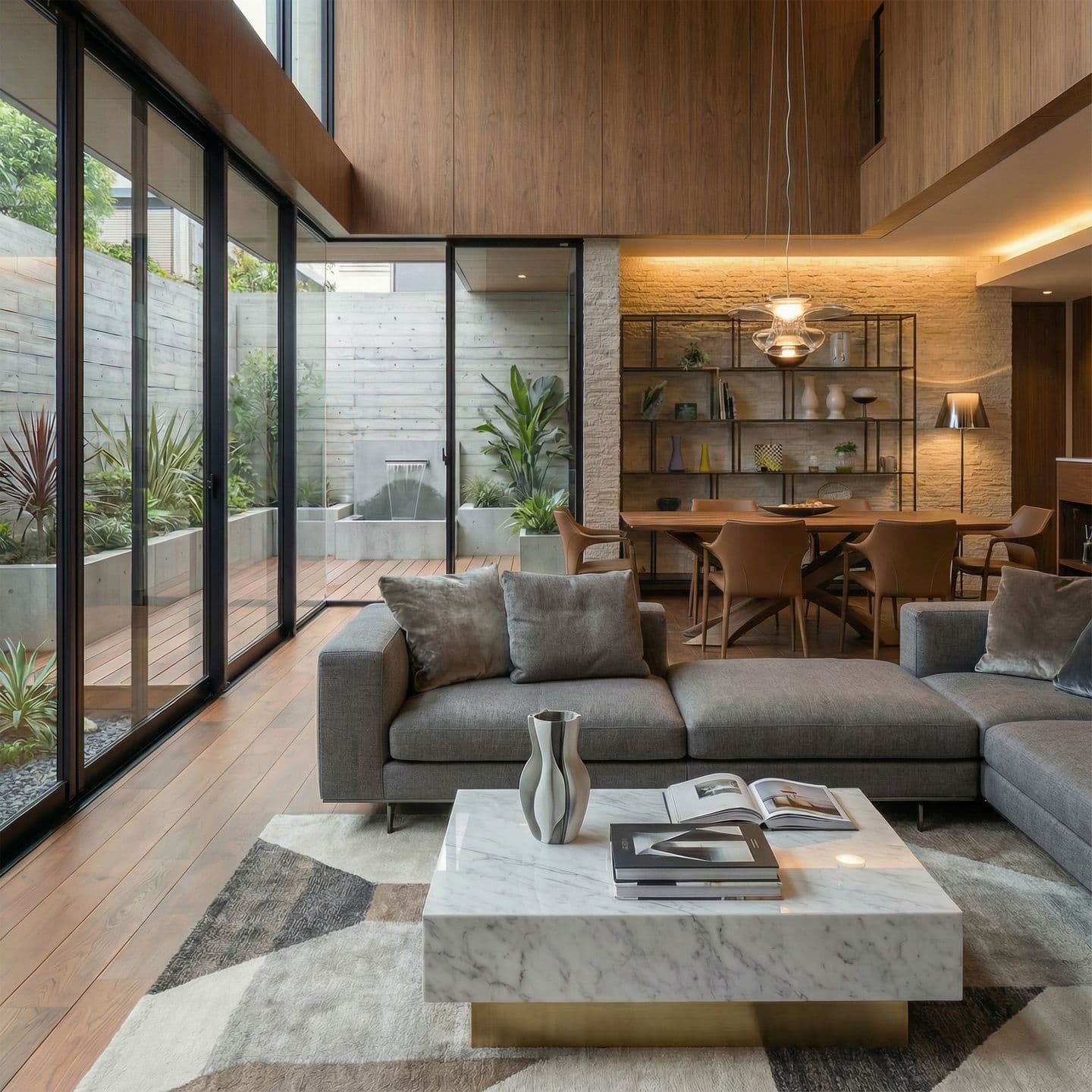 吹き抜けのあるモダンなリビングダイニング。大きなガラス窓越しに水盤のある中庭が見え、室内にはグレーのソファ、大理石のローテーブル、木製のダイニングセットが配置されている