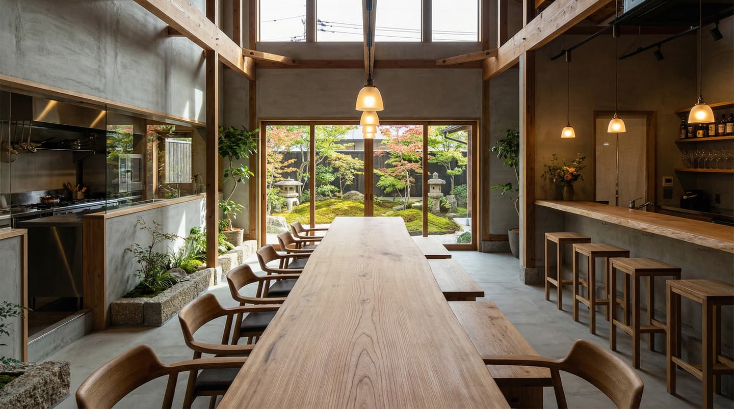 コンクリート打ち放しの壁と木製の梁が特徴的な和モダンなレストランの内観パース。中央には長い木製のテーブルがあり、大きなガラス戸の向こうには石灯籠のある日本庭園が見える。左手にはオープンキッチン、右手にはバーカウンターがあり、天井からは温かい光のペンダントライトが吊るされている。