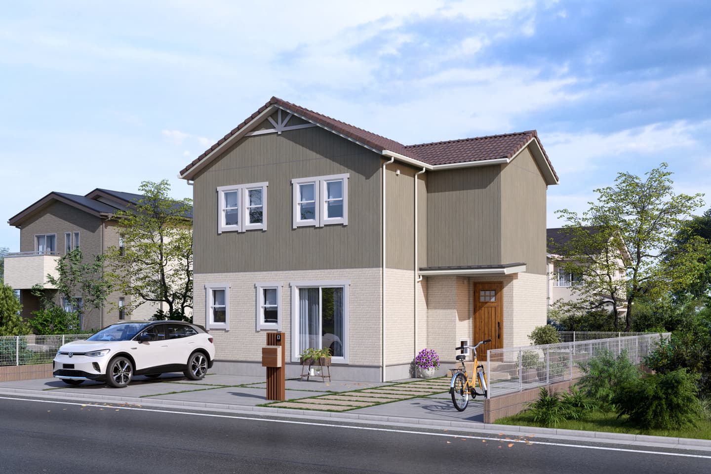 上部外壁は、淡いグリーンの木目調のサイディングで下部外壁は白いブリック調サイディング、屋根には洋風瓦を使用した住宅パースの制作事例