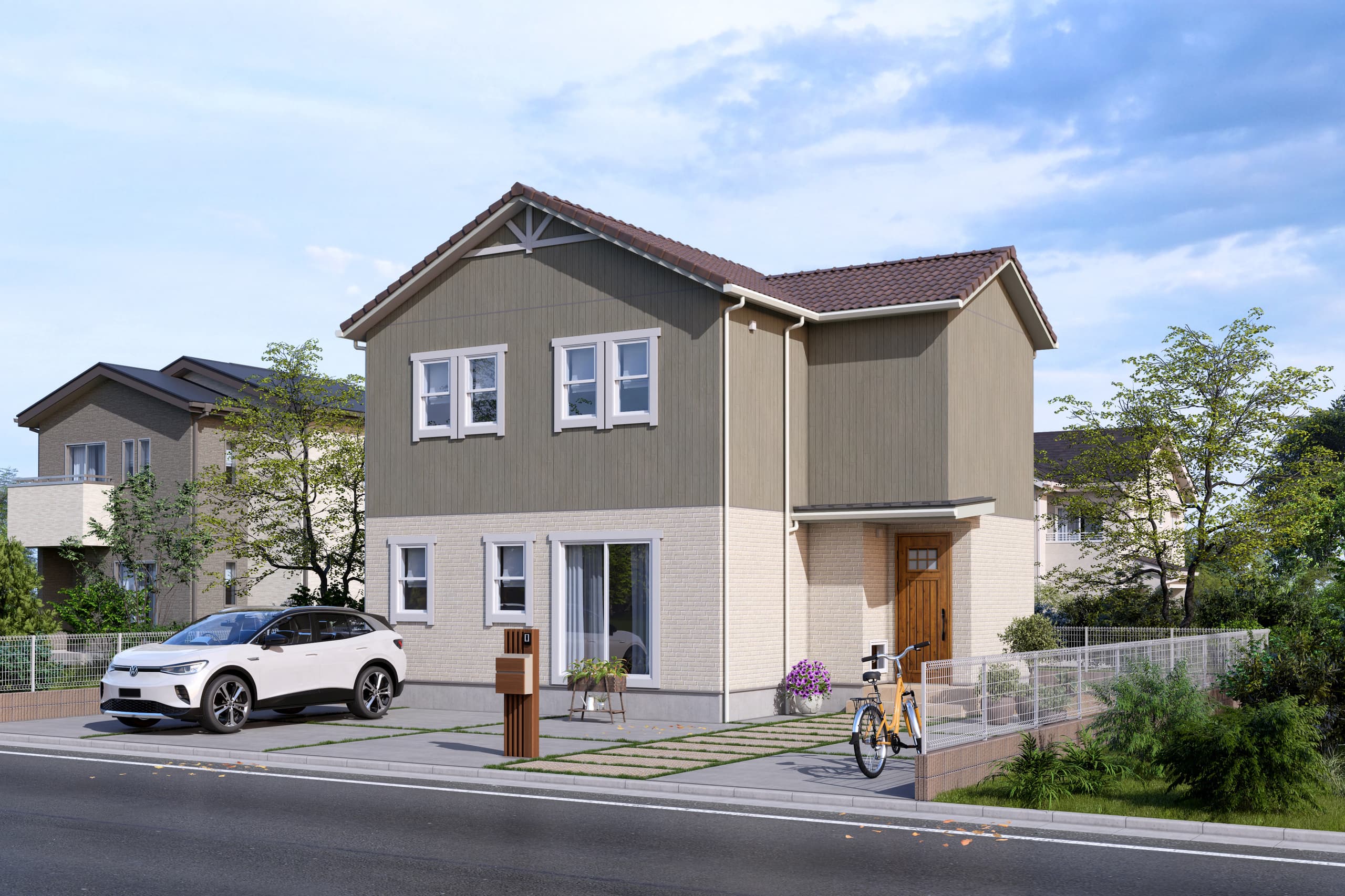 上部外壁は、淡いグリーンの木目調のサイディングで下部外壁は白いブリック調サイディング、屋根には洋風瓦を使用した住宅パースの制作事例