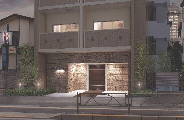 VｰRayを使用してCG写真合成をした夜景のマンションエントランスの建築パース