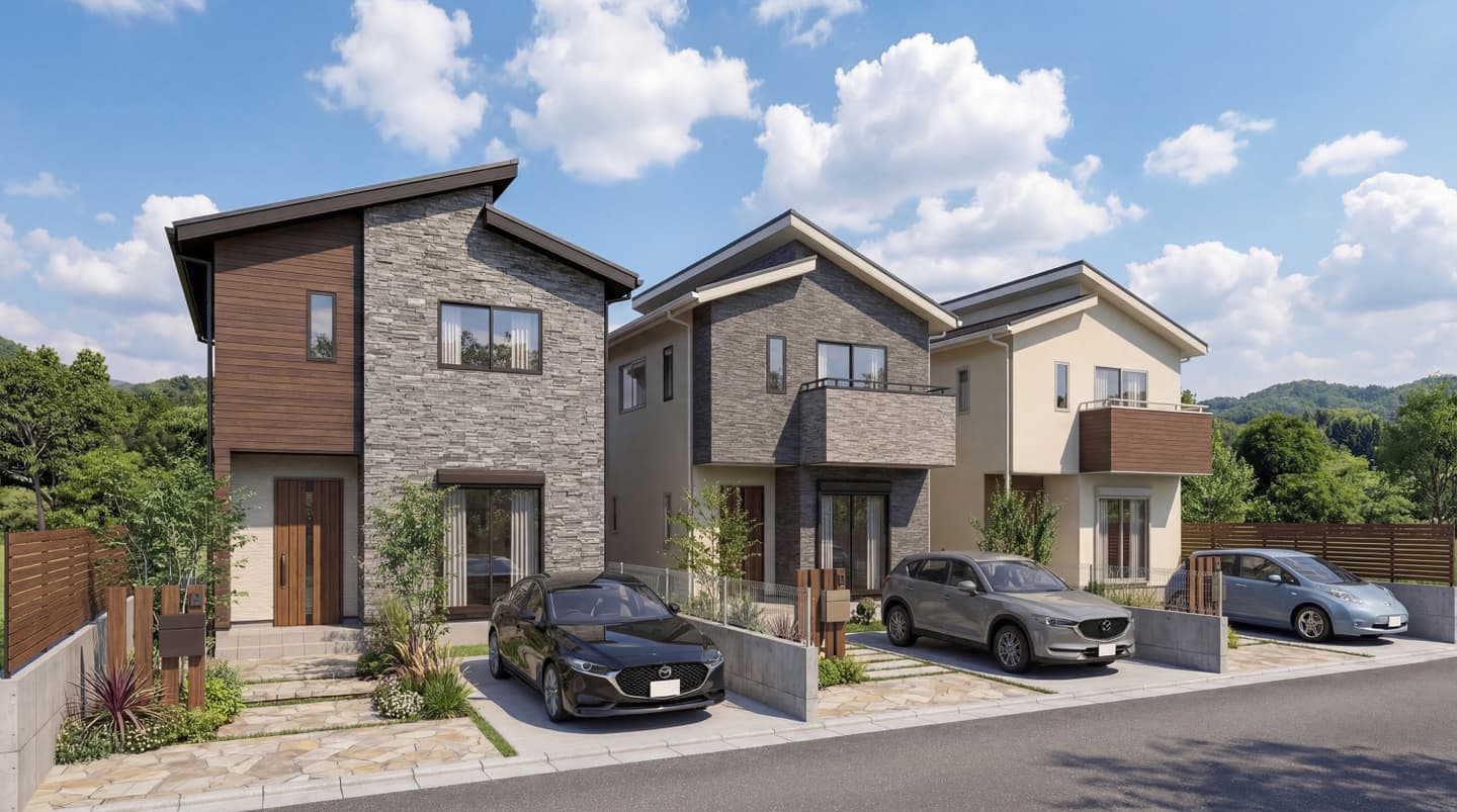 生成AIによる住宅建築パース作成事例：外壁デザインの異なる3棟の2階建て新築分譲住宅の並び。木目調や石目調のモダンな外観デザインと、車を駐車した広々としたカースペース・エクステリアの完成イメージ