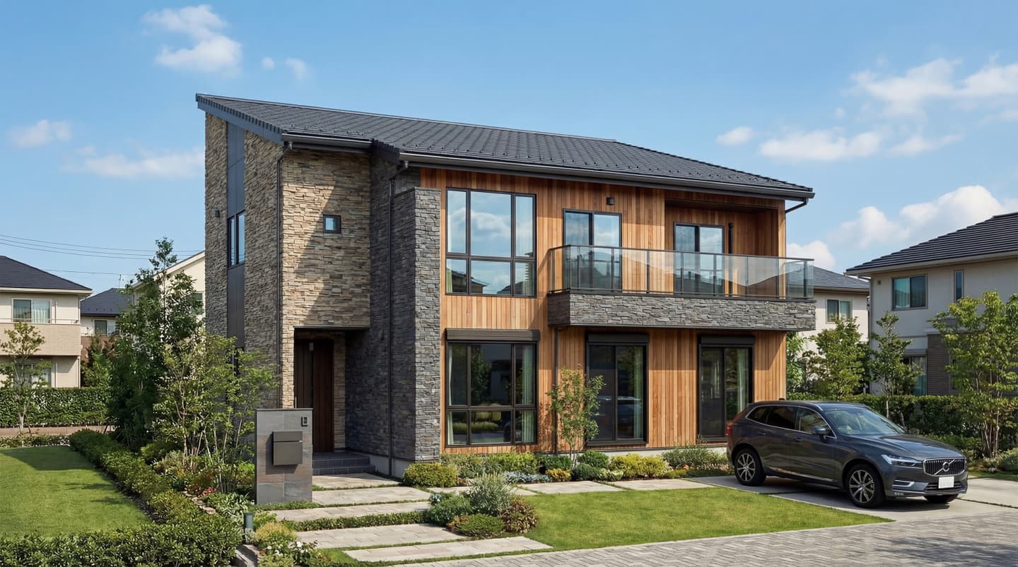 AI生成によるモダンな2階建て住宅の外観パース。左側は石積み、右側は縦張りの木製サイディングで仕上げられたファサード。ガラス手すりのバルコニー、手入れされた芝生の庭、駐車スペースに停まるグレーのSUV、青空の背景。