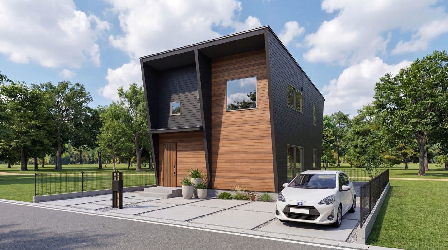 生成AIによる住宅建築パース作成事例：黒のガルバリウムと木目調サイディングを組み合わせたキューブ型の注文住宅の外観デザイン