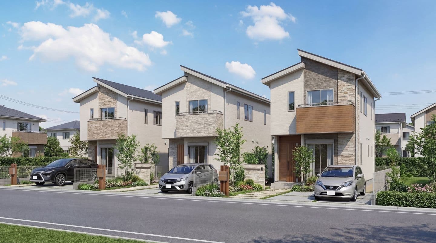 生成AIによる住宅建築パース作成事例：全3区画の日当たり良好な新築分譲住宅の完成予想図（カースペース2台・植栽あり）