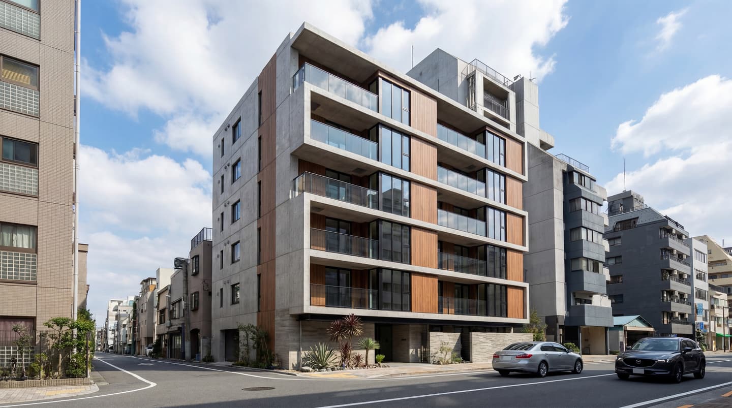 青空の下、街角に建つモダンな7階建てマンションの外観パース。打ち放しコンクリートと木目パネルを組み合わせたファサード、ガラス手摺のバルコニーが特徴的。