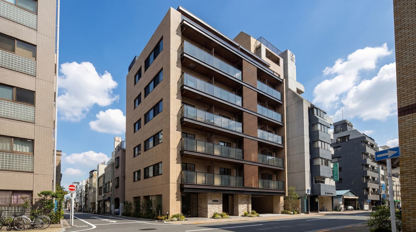 晴天の青空の下に建つ、ベージュのタイル貼りが特徴的なモダンな中層マンションの外観パース。ガラス手摺のバルコニーと1階エントランスを含む、都市の街角にある集合住宅のAI生成CGイメージ。