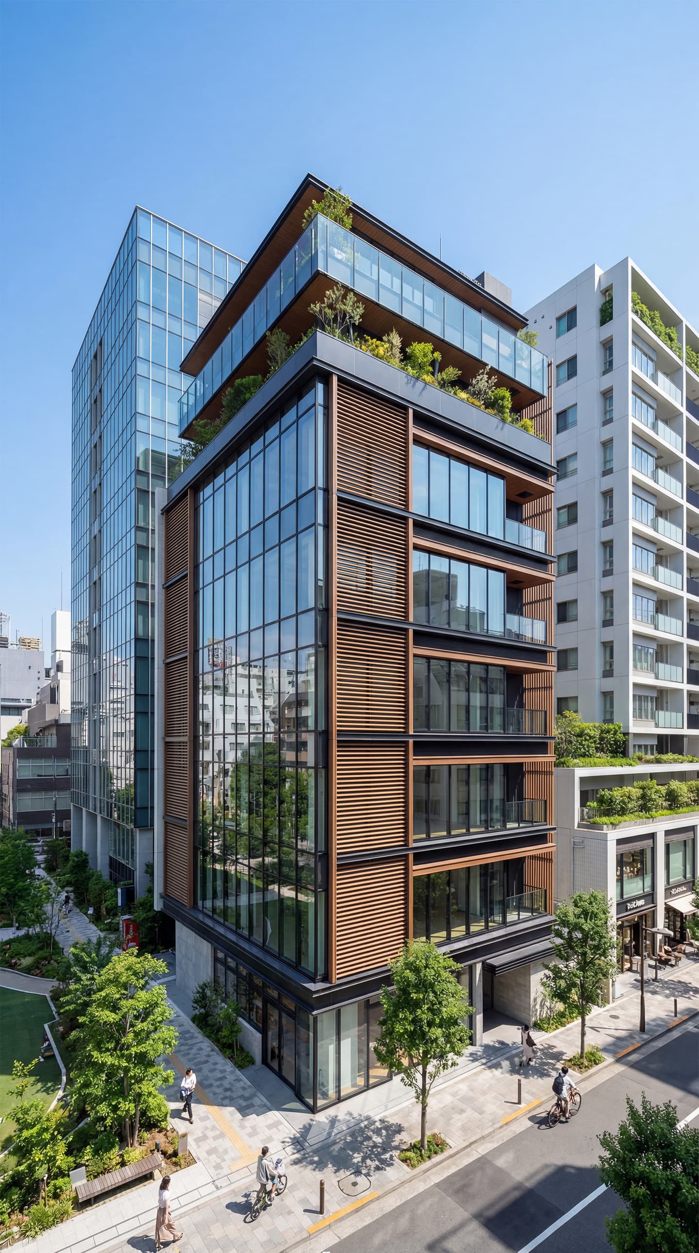 生成AIによる外観パース作成事例：木目調ルーバーとガラスカーテンウォールが特徴的な中層オフィスビルの外観CGパース。屋上緑化と青空、街路樹のある都市の風景