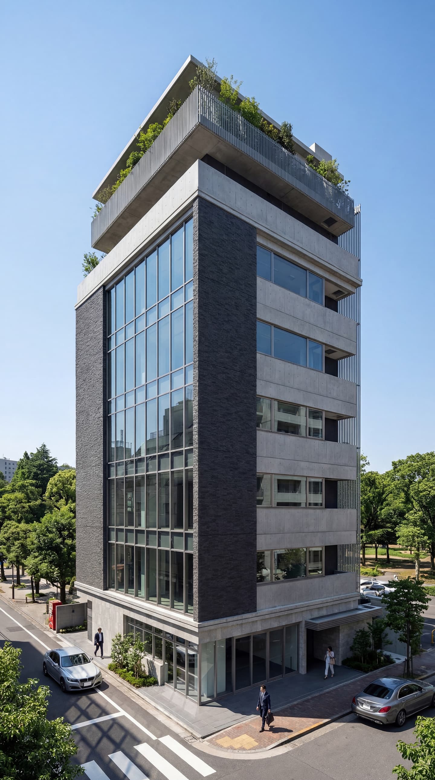 生成AIによる外観パース作成事例：コンクリート打ち放しとガラス張りのモダンなオフィスビル外観CGパース。屋上緑化のあるスタイリッシュな角地ビル
