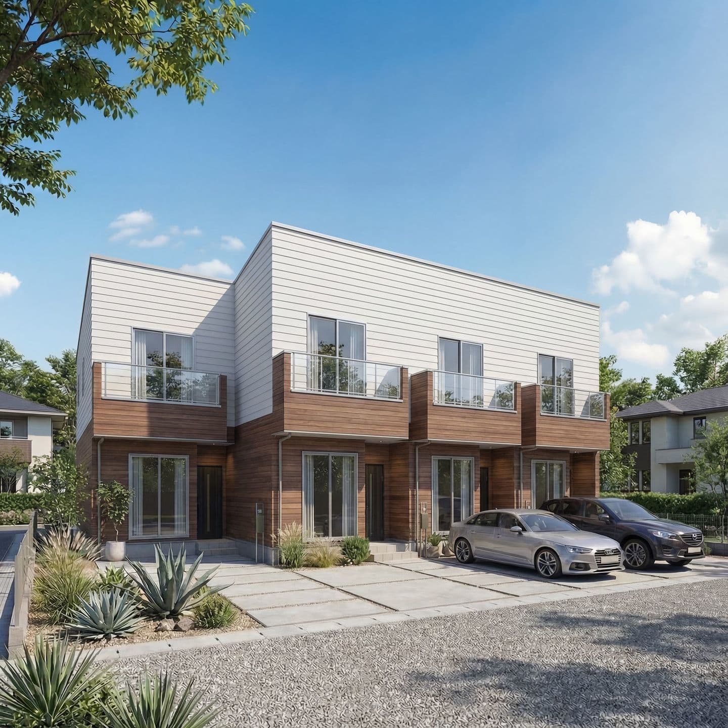 白のサイディングと茶色の木目調外壁を組み合わせたモダンな2階建てテラスハウスの外観パース。手前にはアガベなどの植栽と乗用車が2台停まった駐車スペースがあり、青空の下で明るく清潔感のある住宅デザイン。