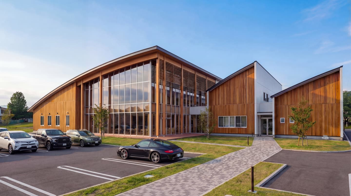 青空の下に建つモダンな木造建築の外観パース。大きなガラス窓と垂直張りの木材外壁が特徴。手前には駐車場とアプローチがあり、生成AIによって建築写真風にリアルに描かれている