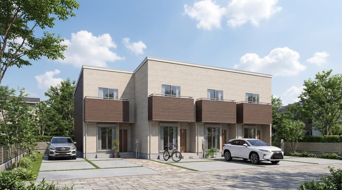 晴天の下に建つモダンな2階建て集合住宅の外観パース。ベージュとレンガ色のツートンカラーの外壁、木目調のバルコニーが特徴。手前の駐車場には2台の車が駐車されており、周囲には植栽がある。生成AIによるフォトリアルな制作事例。