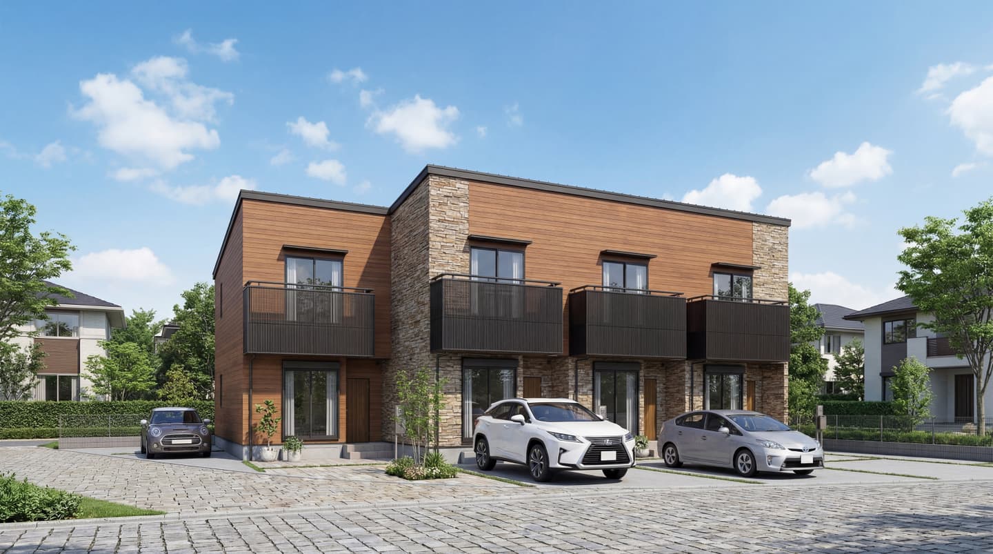 AI生成による2階建て集合住宅の外観パース。木目調サイディングと石積みアクセントのモダンなデザイン。晴天の下、駐車場に車が3台並んでいる。