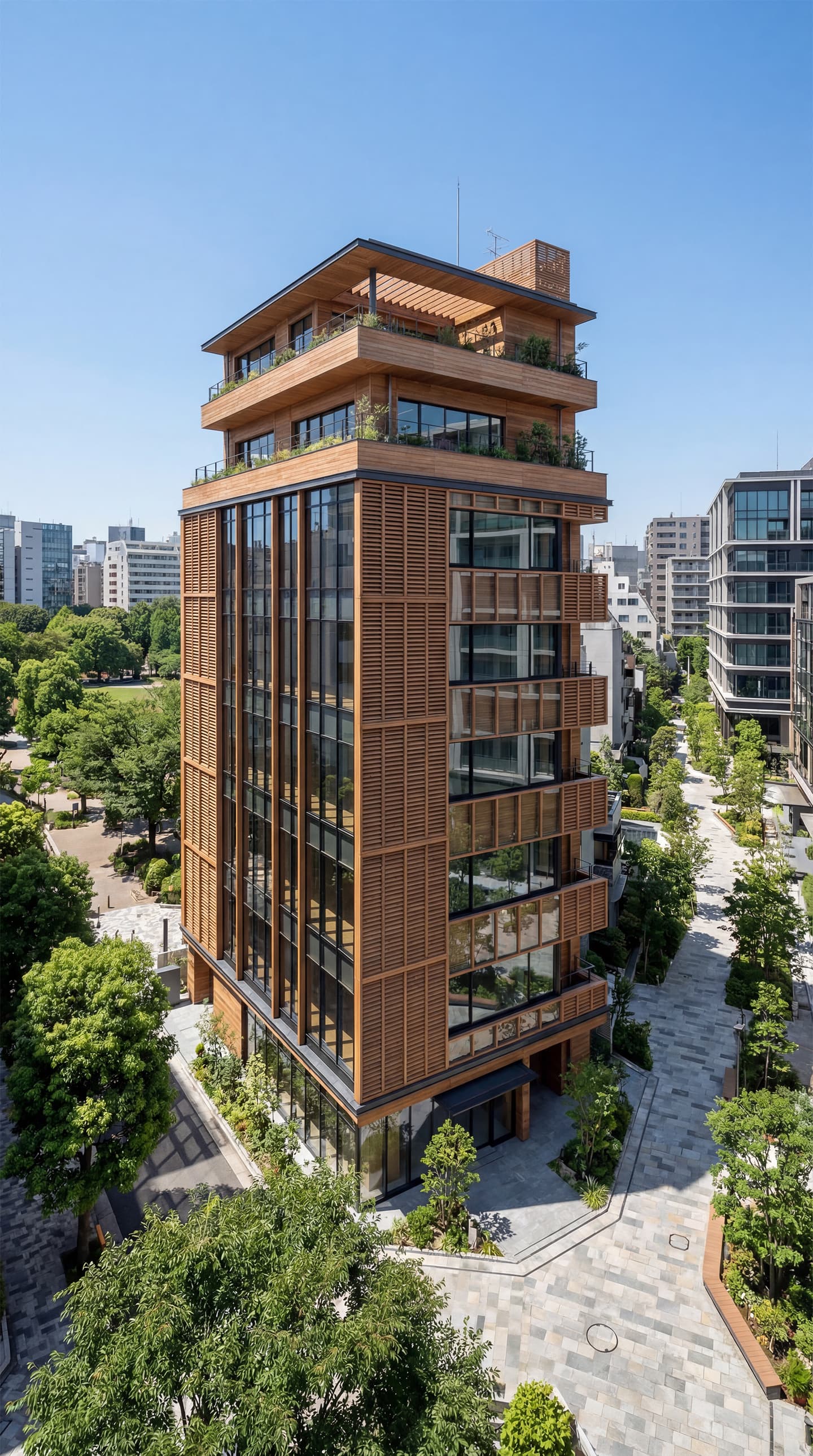 生成AIによる外観パース作成事例：青空を背景にしたモダンな高層マンションの正面外観。ガラス手摺のバルコニーとエントランス前の植栽