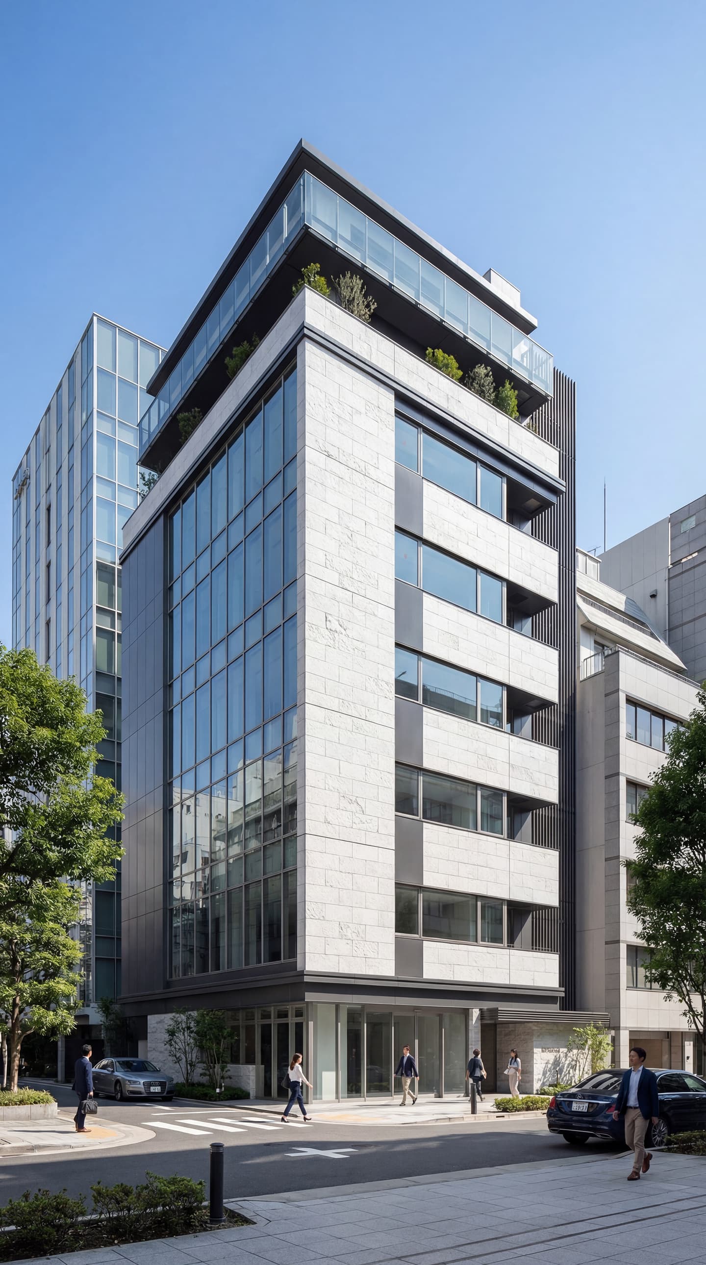 生成AIによる外観パース作成事例：質感のある白い石材とガラスカーテンウォールを組み合わせた、スタイリッシュな商業ビルの建築パース。最上階にはテラスと植栽を配置