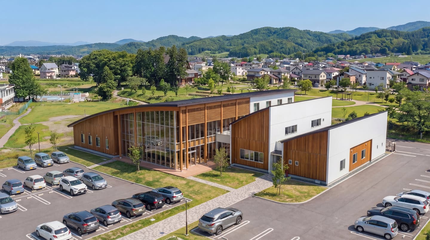 生成AIで制作した木造モダンな公共施設の鳥瞰パース。大きなガラス窓と木製ルーバーが特徴的な外観デザイン。晴天の青空の下、駐車場や周囲の緑、背景の山並みまでリアルに描かれた建築イメージCG。