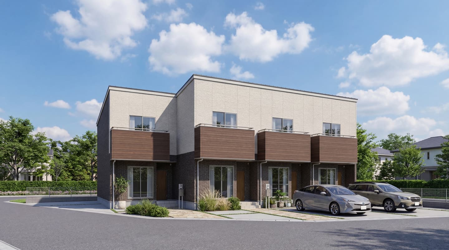 晴天の下に建つモダンな2階建て集合住宅の外観パース。ベージュとレンガ色のツートンカラーの外壁、木目調のバルコニーが特徴。手前の駐車場には2台の車が駐車されており、周囲には植栽がある。生成AIによるフォトリアルな制作事例。