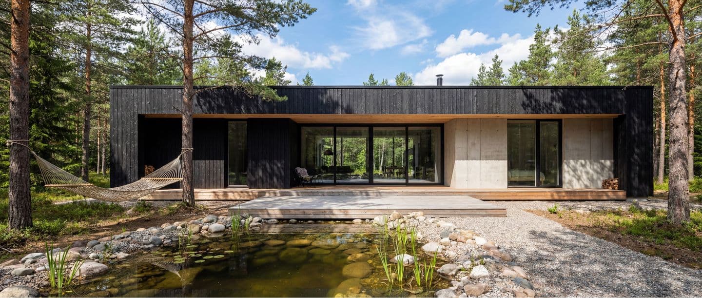 森の中に建つモダンな平屋別荘の外観パース。黒い焼杉の外壁と打ち放しコンクリート、大きなガラス窓が特徴。手前には自然石の池があり、松林に囲まれたウッドデッキにはハンモックが揺れる。生成AIによるフォトリアルな建築イメージ。