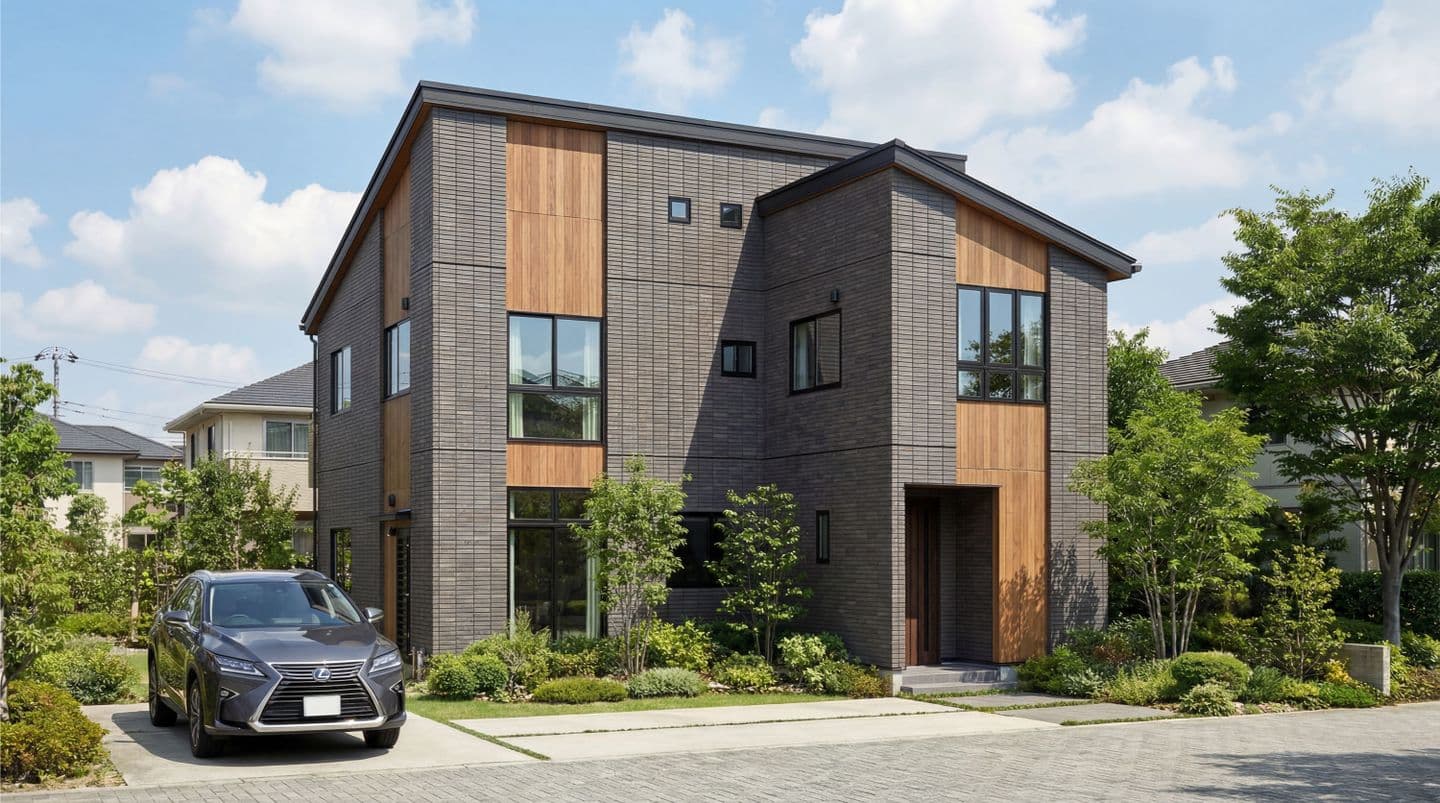 生成AIで制作したモダンな2階建て住宅の外観パース。ダークグレーのタイル外壁に明るい木目調のアクセントパネルを組み合わせたデザイン。片流れ屋根、手入れされた植栽、コンクリートの駐車場に停まるSUV車、青空背景。