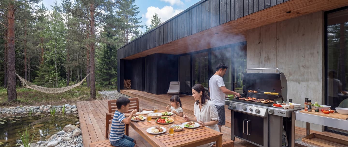 森の中のモダンな平屋住宅のウッドデッキでバーベキューを楽しむ4人家族。黒い縦張りの外壁と打ち放しコンクリート、木製の軒天が調和した外観デザイン。庭には池があり、ハンモックが揺れる自然豊かなアウトドアリビングの建築パース。