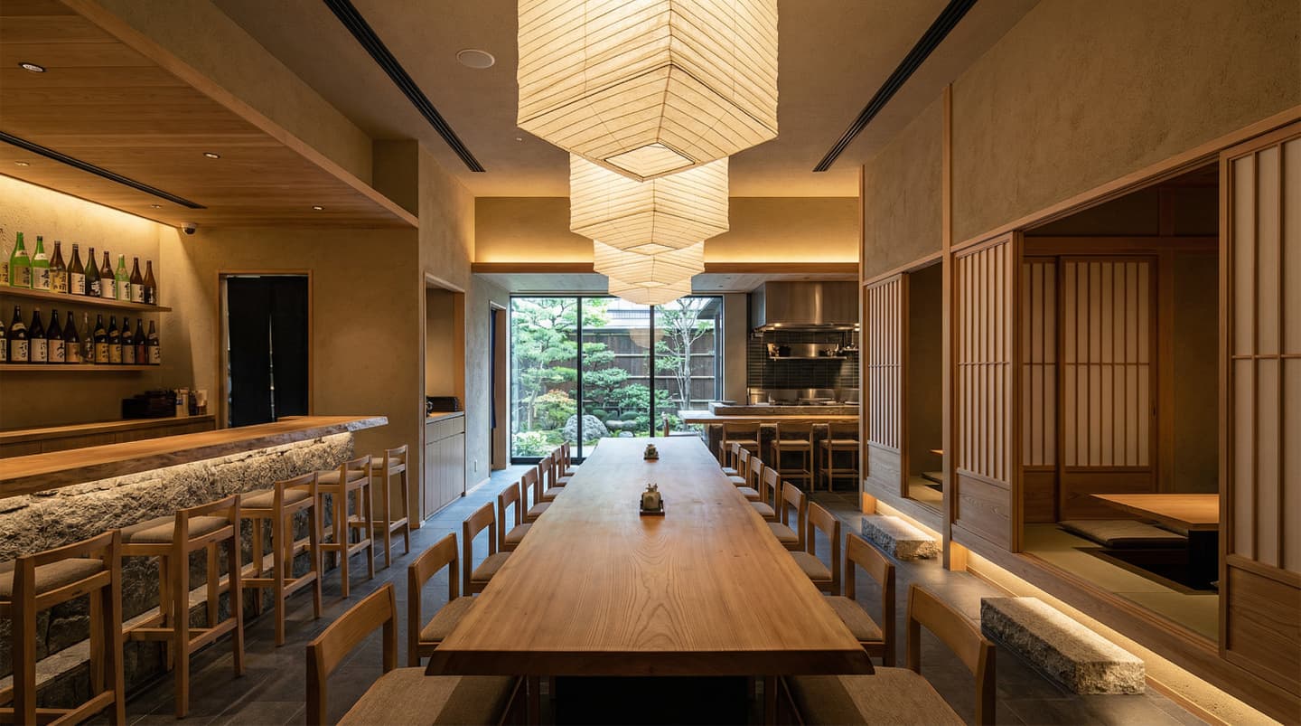 和モダンな高級和食レストランの内観パース。中央に長い木製テーブル、左側に石造りのバーカウンターと日本酒の棚、右側に障子の小上がり席がある。天井には大きな四角い和紙の提灯照明があり、奥には日本庭園が見える。