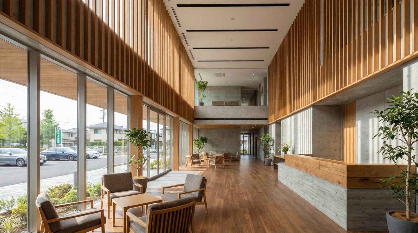 木製ルーバーと打ち放しコンクリートの壁が調和した、吹き抜けのあるモダンなエントランスホールの内観パース。大きな窓から光が入り、手前にはラウンジチェア、奥には受付カウンターがある。