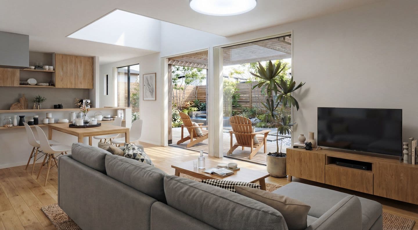 吹き抜けからの自然光とウッドデッキへの大開口が特徴的な、ナチュラルモダンスタイルのLDK内観パース。グレーのソファと木製家具、観葉植物が配置された、明るく開放的なリビングダイニングとテラスの風景