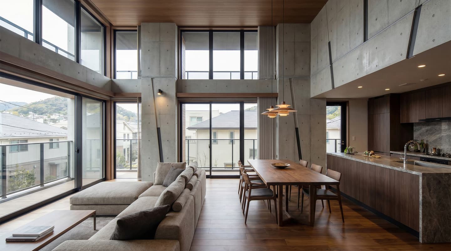 コンクリート打ち放しの壁と木目の天井・床を組み合わせた、吹き抜けのあるモダンなリビングダイニングの内観パース。大きな窓から自然光が差し込み、アイランドキッチンやダイニングテーブル、ソファが配置された開放的な空間。