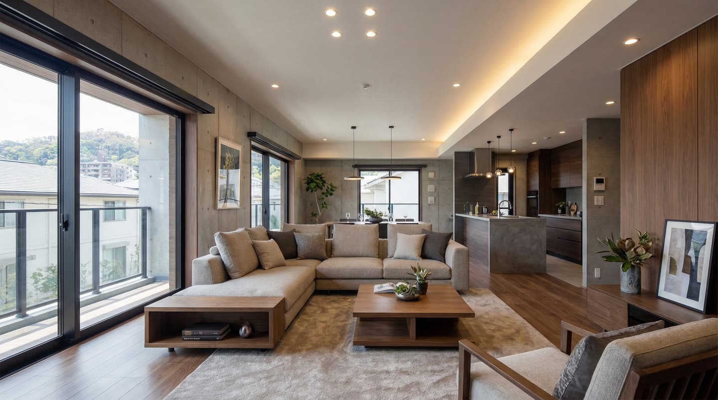 コンクリート打ち放しの壁と木目調の床が調和したモダンなリビングダイニングの内観パース。大きな窓から光が入り、ベージュのL字ソファ、間接照明、オープンキッチンが配置されている