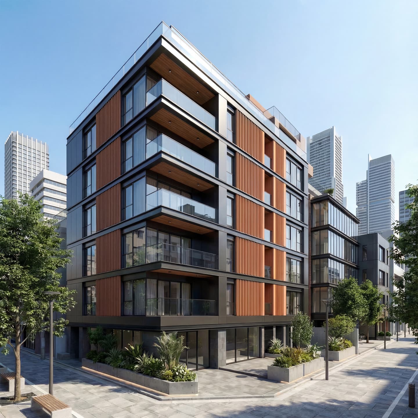 黒い金属パネルと木目調ルーバーのコントラストが特徴的なモダンな中層マンションの外観パース。角地に建ち、ガラス手すりのバルコニー、1階の植栽、青空の下の都市ビル群が描かれている。