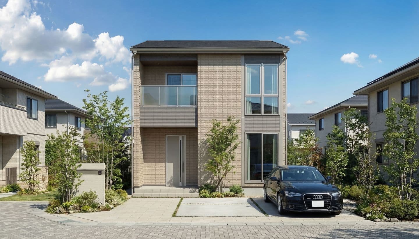 晴天の下に建つ、ベージュのタイル外壁が特徴的なモダンな2階建て一戸建て住宅の外観。大きな窓とガラスバルコニーがあり、手前の舗装された駐車スペースには黒いセダンが停まっている。周囲には植栽と隣家が見える。