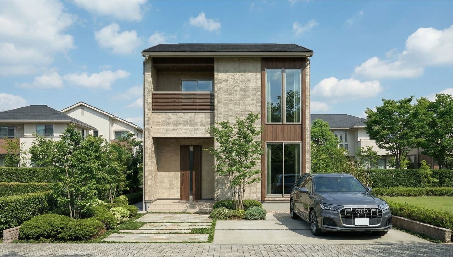 青空を背景にした、ベージュの外壁と木目調のアクセントが特徴的なモダンな2階建て住宅の外観パース。手入れされた庭の植栽、石畳のアプローチ、そしてドライブウェイにはグレーのSUVが駐車されている。