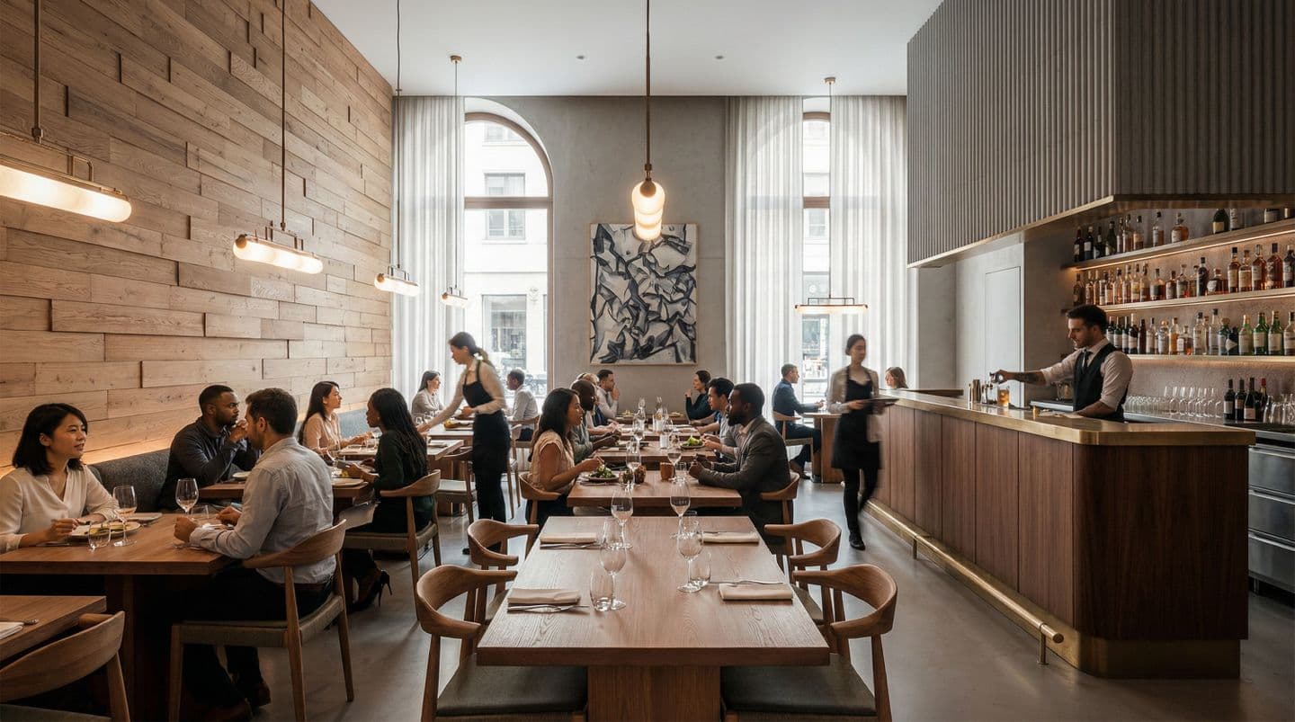 高い天井とアーチ型の窓を持つモダンなレストランの内観。左側の壁は木製のパネルで装飾され、右側にはバーカウンターがある。中央の木製テーブルでは多様な人々が食事を楽しんでおり、ペンダントライトが温かい雰囲気を演出している。AI生成によるインテリアデザインのパース図。