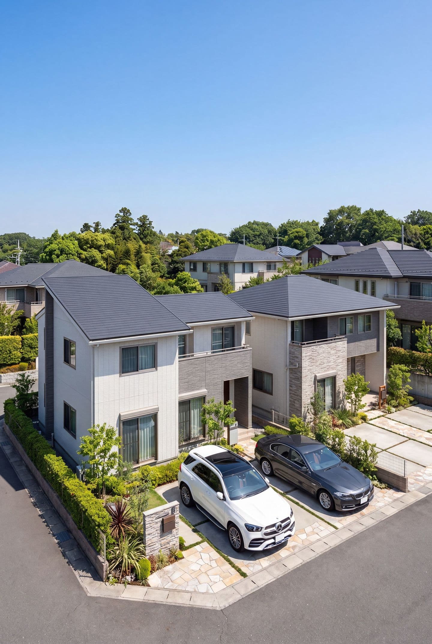 青空を背景に建つ2棟のモダンな2階建て住宅を描いた外観鳥瞰パース。白い外壁と石目調のアクセント、手前の駐車場に並ぶ白と黒の乗用車、美しく整えられた外構や植栽がリアルな質感で表現されています。