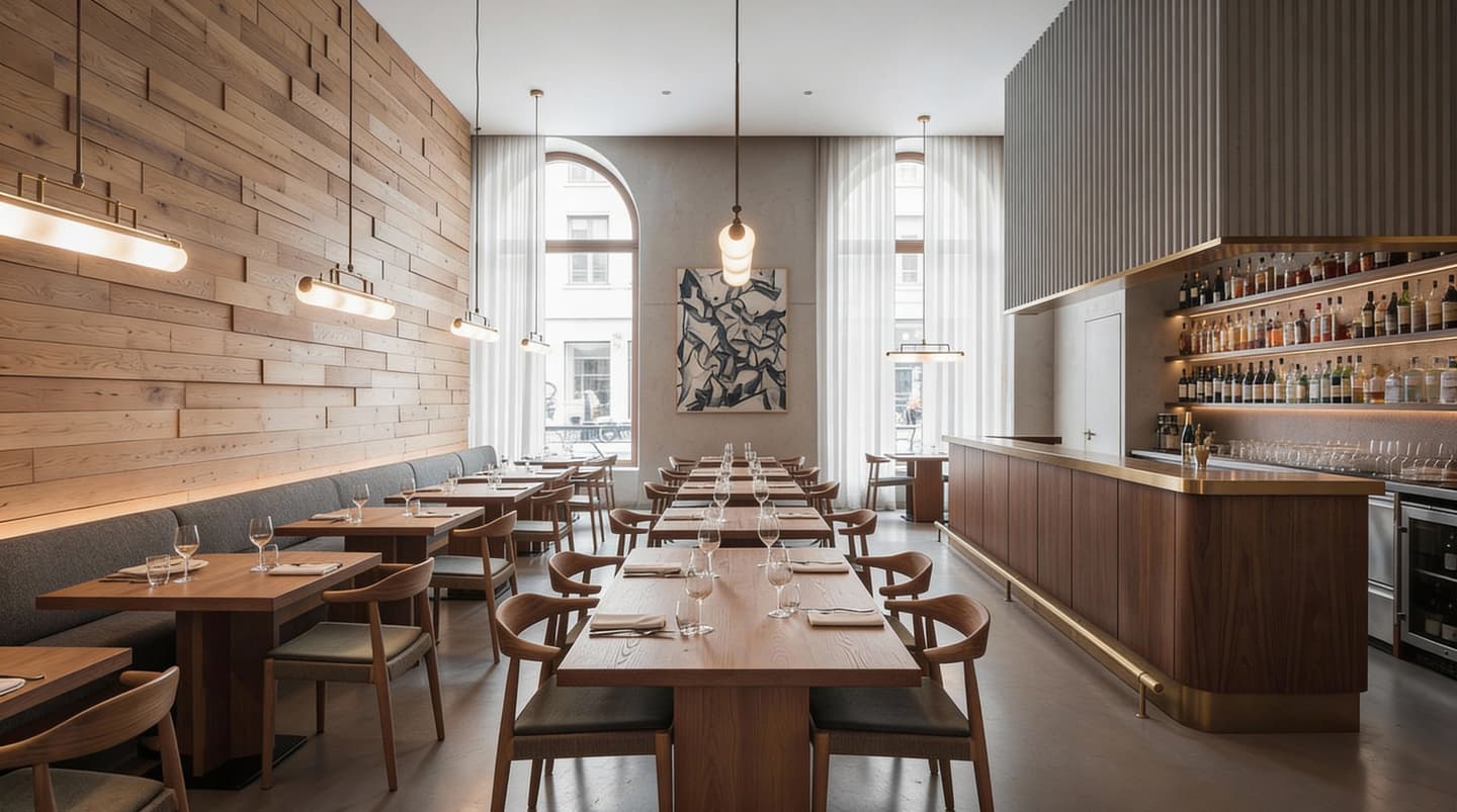 木目調の壁面とモダンな木製テーブルが並ぶ、洗練されたレストランの内装。大きなアーチ状の窓から光が差し込み、中央には長いダイニングテーブル、右側にはシックなバーカウンターがある温かみのある空間。