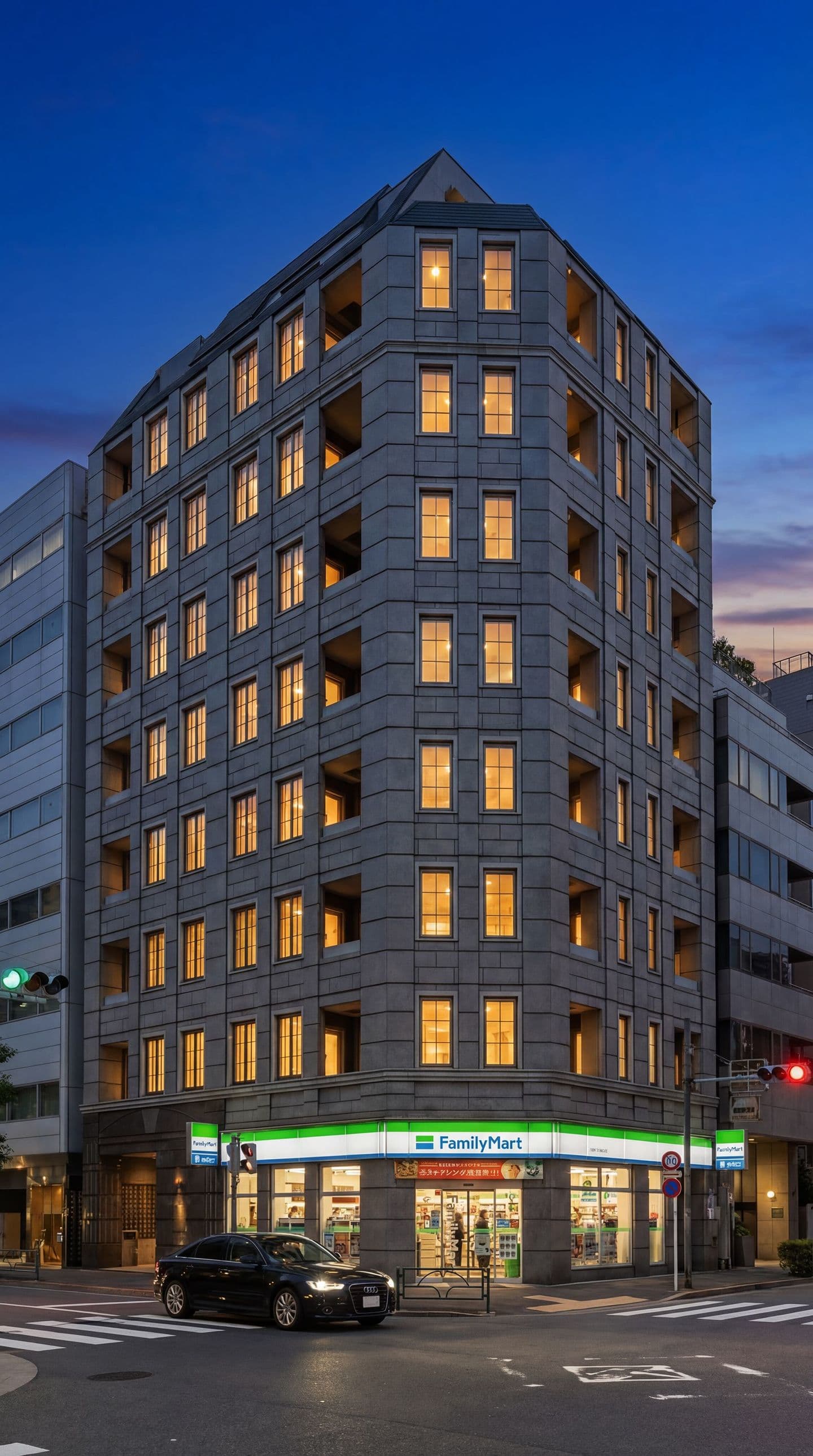 夕暮れ時の交差点に建つ、グレーの石造り風多層階マンションの夜景建築パース。1階にはファミリーマートが入居し、緑と青の看板が明るく光っている。上層階の多くの窓からは温かみのある暖色の照明が漏れている。建物の手前には横断歩道があり、黒いセダンが通り過ぎようとしている。空は日没後の深い青色で、AIによって生成されたフォトリアルな画像。