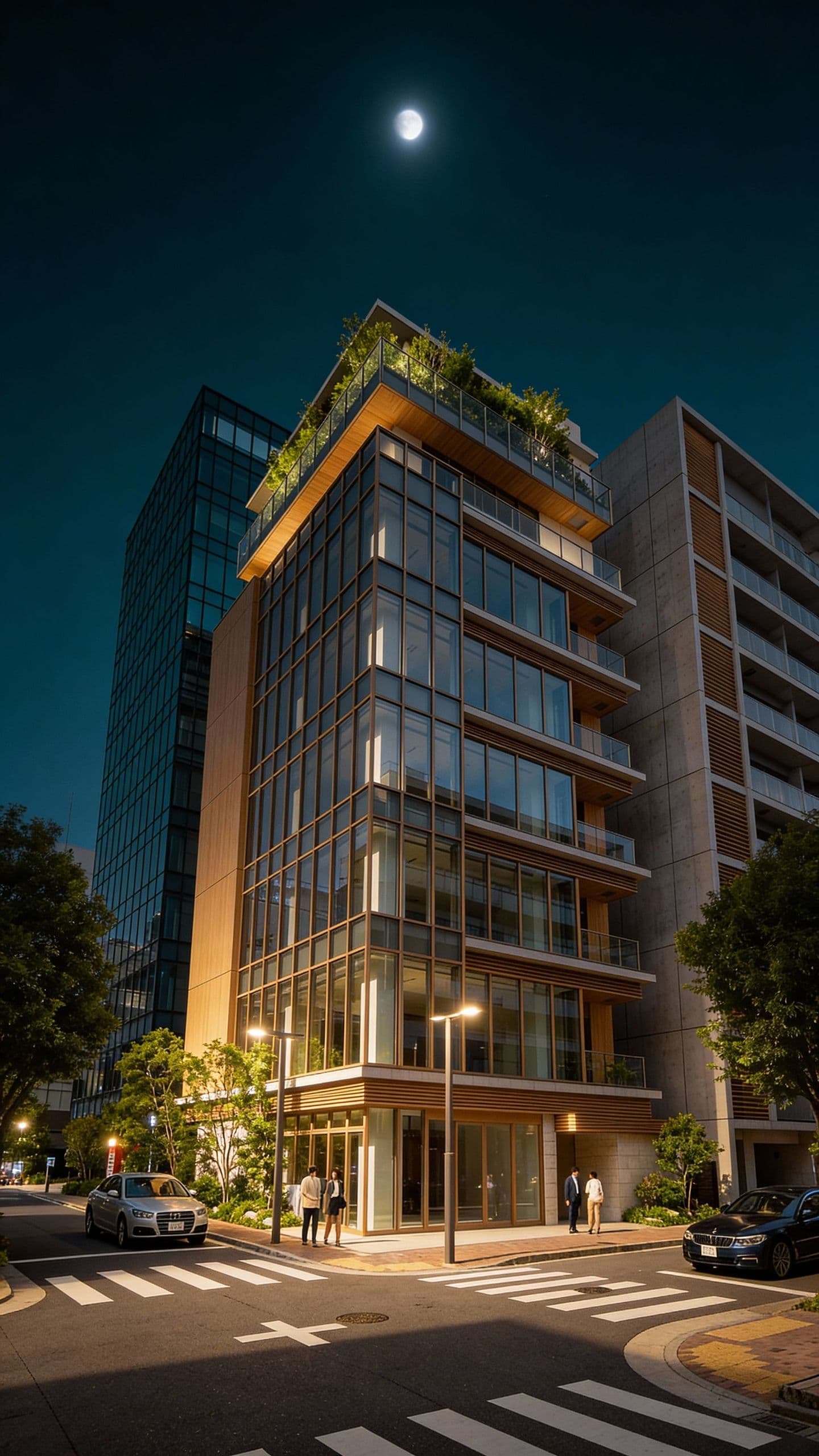 生成AIで作成された、夜の街角に建つモダンな中層ビルの建築パース。全面ガラス張りのファサードと木材のアクセントが特徴で、屋上には植栽がある。上空には満月が輝き、暖色系の街灯や室内の明かりが周囲の道路や歩行者を照らしている。