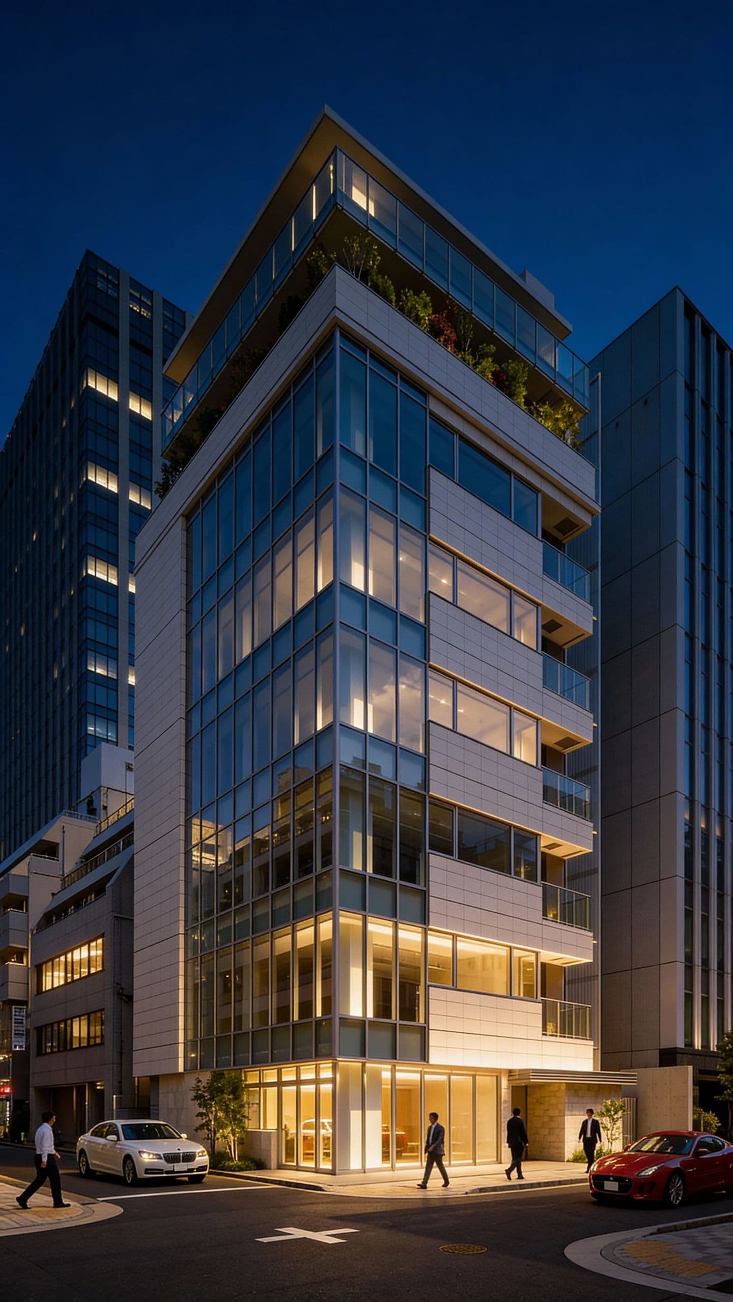 都市の街角に建つモダンなガラス張り中層ビルの夜景パース。内部の暖色照明が輝き、通りには歩行者と白いセダン、赤いスポーツカーが走っている。AIによって生成された建築イメージ。