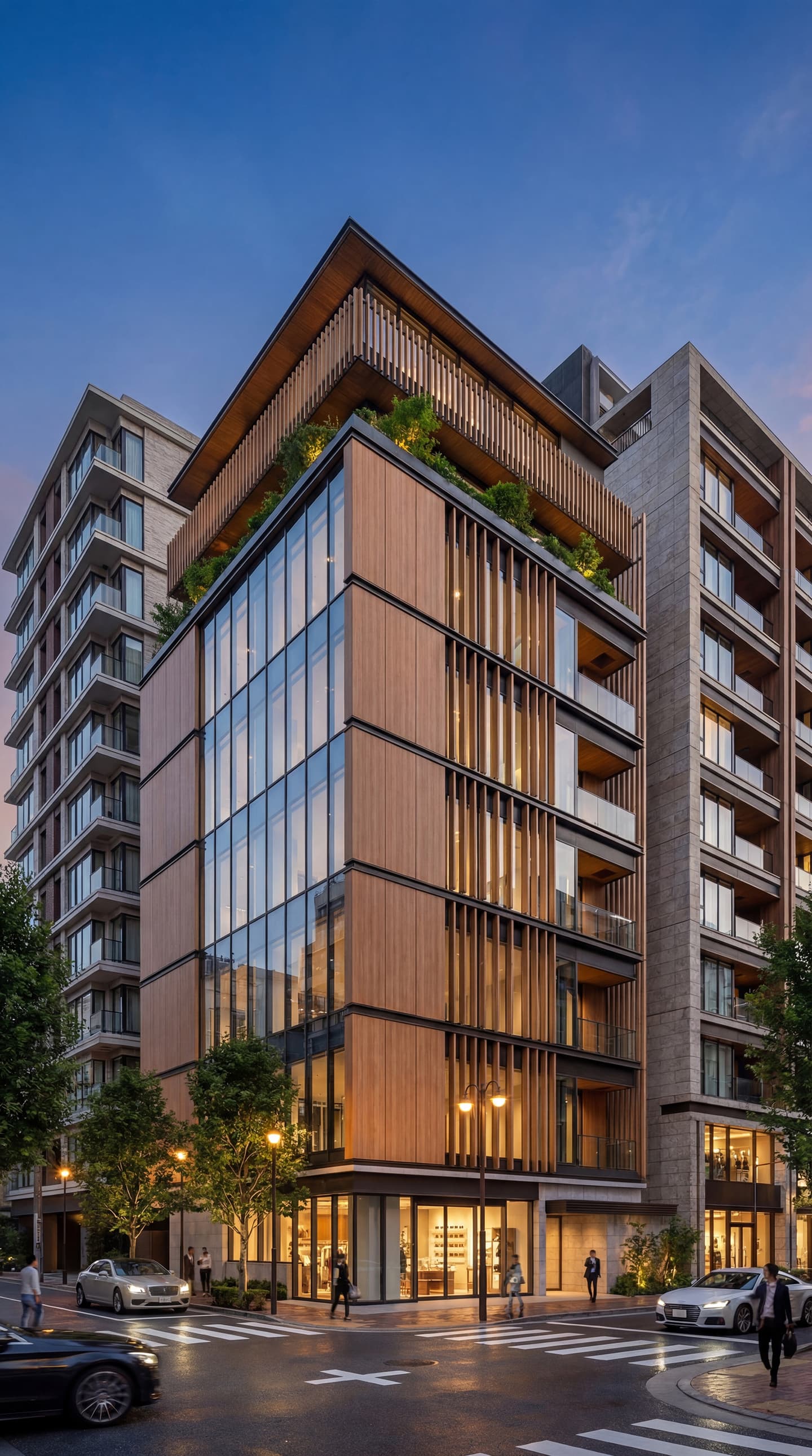 夜の街角に立つ、木材のルーバーとガラス張りの外観が特徴的なモダンな7階建てビルの建築パース。1階は店舗で、温かい照明が灯り、周囲には街灯や走行する車が描かれている。