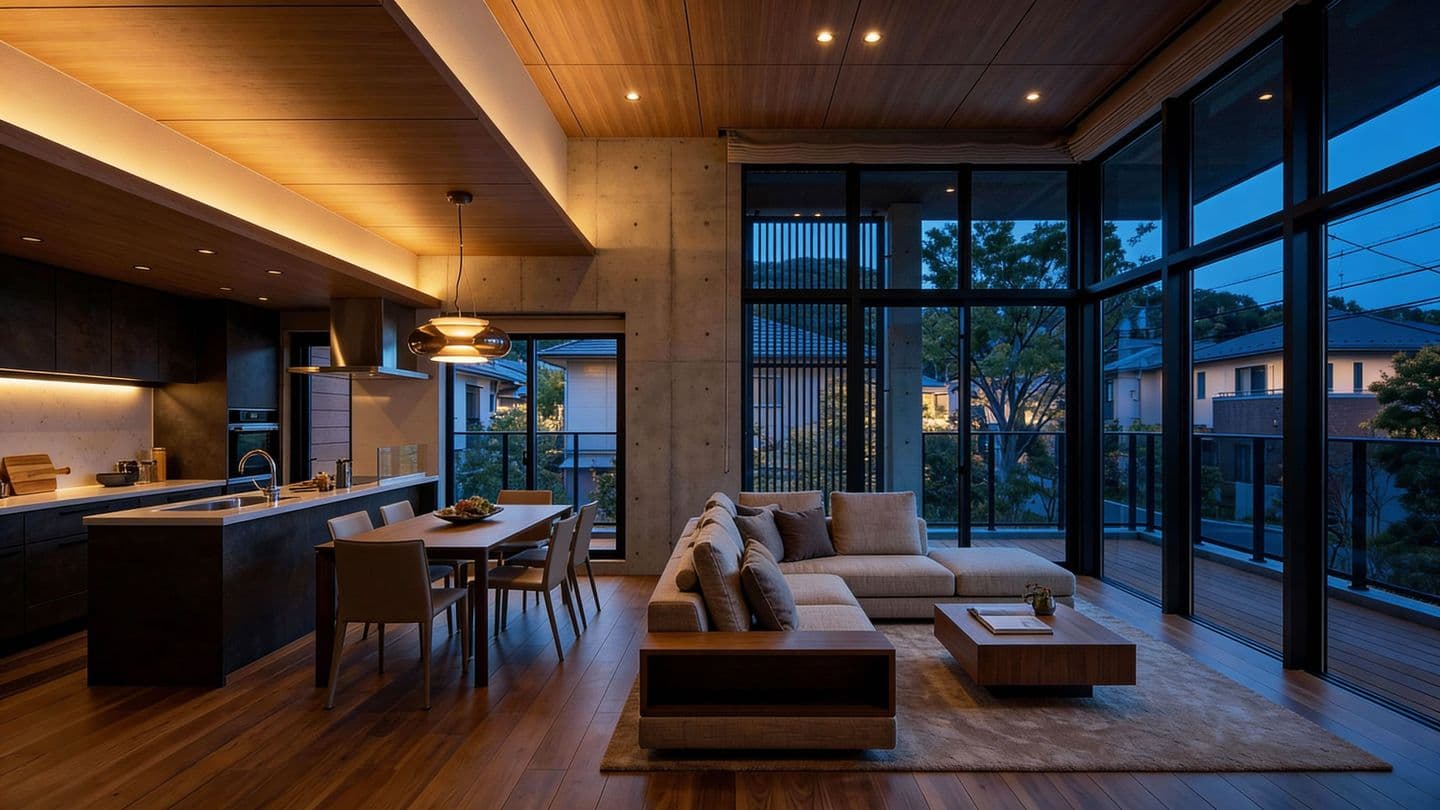 AI生成によるモダンな高級住宅の夜景内観パース。コンクリート打ちっぱなしの壁と木目の天井、床から天井までの大きな窓が特徴のLDK。温かい間接照明に照らされたベージュのL字ソファ、木製ダイニングテーブル、アイランドキッチンがあり、窓の外には青い夕暮れの街並みが見える。