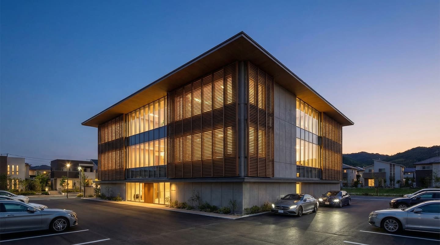 夕暮れ時にライトアップされた、木質ルーバーとガラス張りのモダンな3階建てビルの建築パース。駐車場には車が並び、背後には山々と住宅街が広がる。