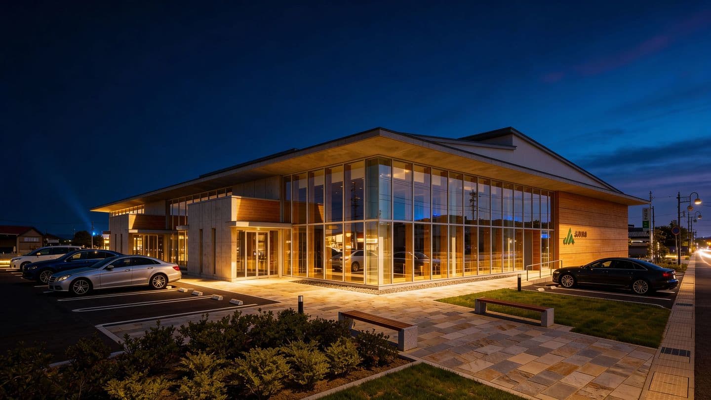 夜の帳が下りたモダンな平屋建築のパース。大きなガラス張りの壁面から温かい電球色の光が漏れ、木目の外壁と調和している。手前には石畳の歩道とベンチ、駐車場には数台の乗用車が並び、リアルな街の風景を再現している。